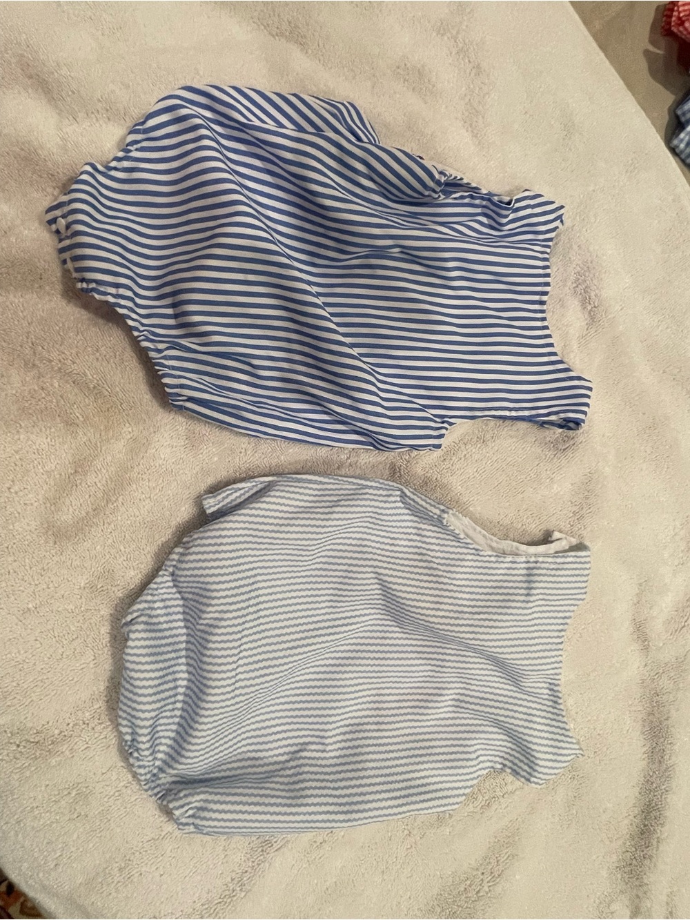 Preppy Baby Bubble Striped Blue & White Onesie Romper with Patriotic Embroidery - Picture 2 of 2